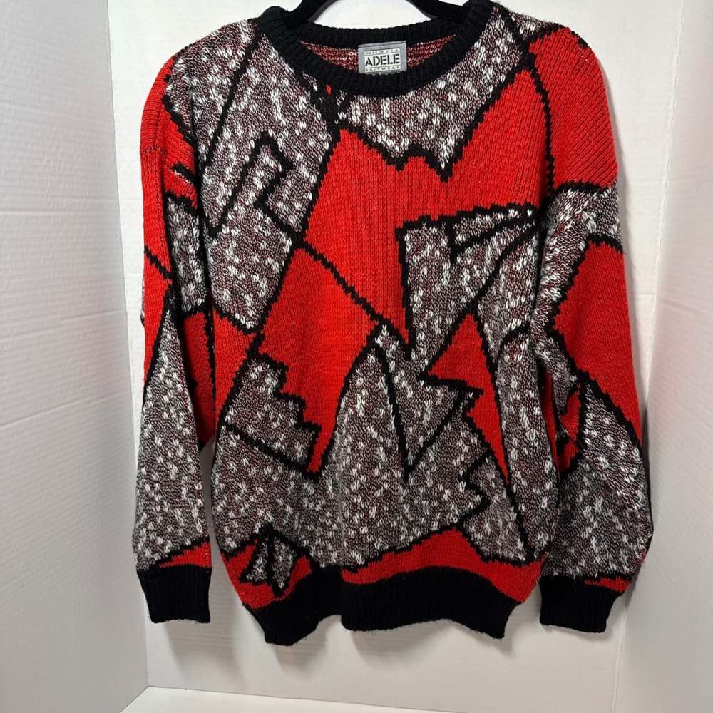 Vintage 90s‎ ADELE Knitwear Women's Geometric Pattern Sweater Red Black White